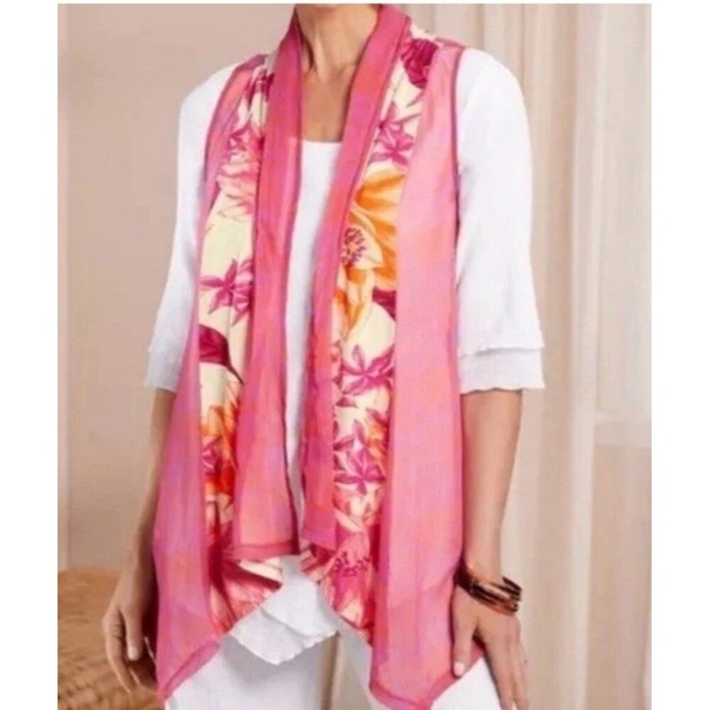 Soft Surroundings Acadia pink & white floral print sleeveless open front vest 2X